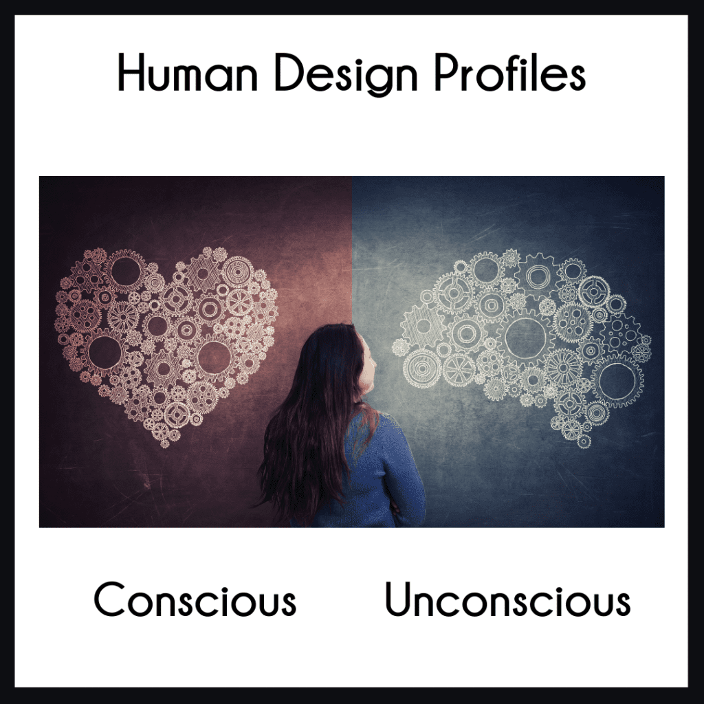 Human Design Profiles with image of a heart and brain with the word conscious under heart and unconscious under brain